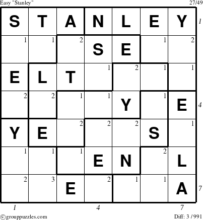 The grouppuzzles.com Easy Stanley puzzle for , suitable for printing, with all 3 steps marked