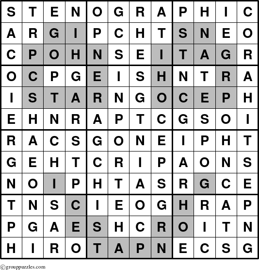 The grouppuzzles.com Answer grid for the Stenographic puzzle for 