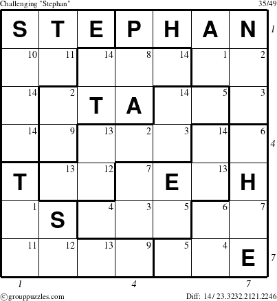 The grouppuzzles.com Challenging Stephan puzzle for , suitable for printing, with all 14 steps marked