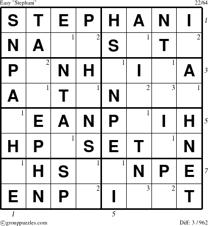The grouppuzzles.com Easy Stephani puzzle for  with all 3 steps marked