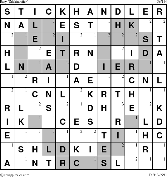 The grouppuzzles.com Easy Stickhandler puzzle for  with the first 3 steps marked