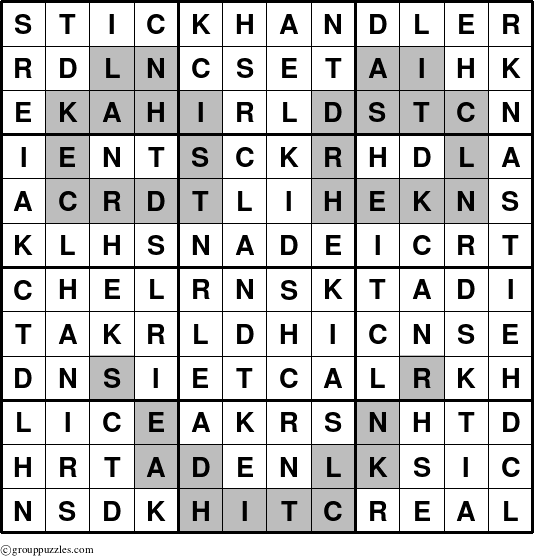 The grouppuzzles.com Answer grid for the Stickhandler puzzle for 