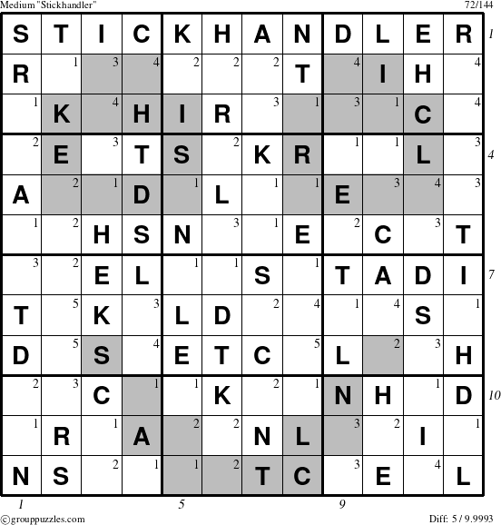 The grouppuzzles.com Medium Stickhandler puzzle for  with all 5 steps marked