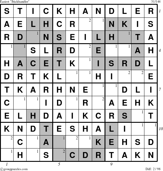 The grouppuzzles.com Easiest Stickhandler puzzle for , suitable for printing, with all 2 steps marked