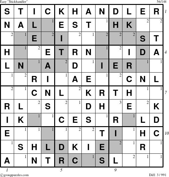 The grouppuzzles.com Easy Stickhandler puzzle for  with all 3 steps marked