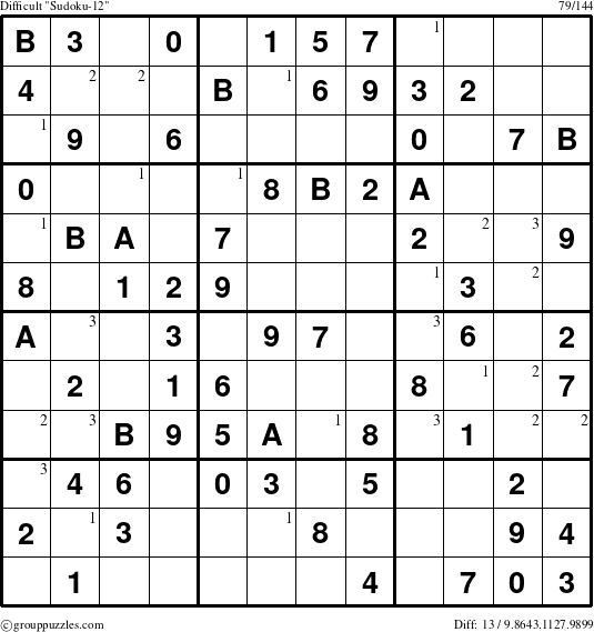 The grouppuzzles.com Difficult Sudoku-12 puzzle for  with the first 3 steps marked