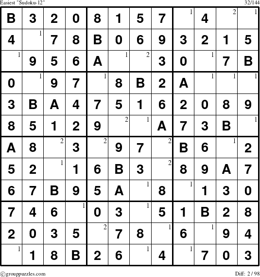 The grouppuzzles.com Easiest Sudoku-12 puzzle for  with the first 2 steps marked