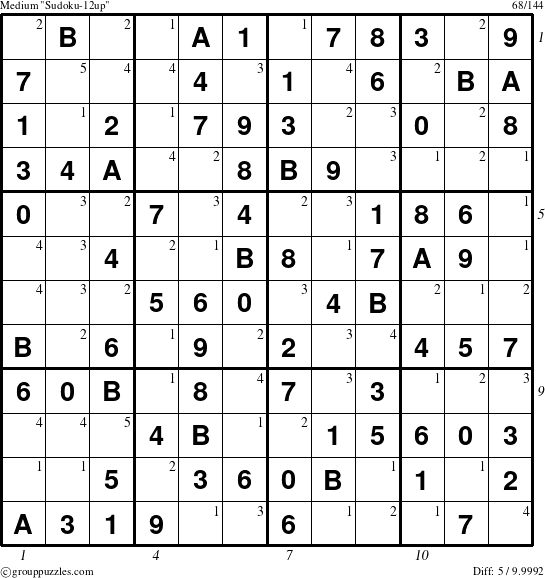 The grouppuzzles.com Medium Sudoku-12up puzzle for , suitable for printing, with all 5 steps marked