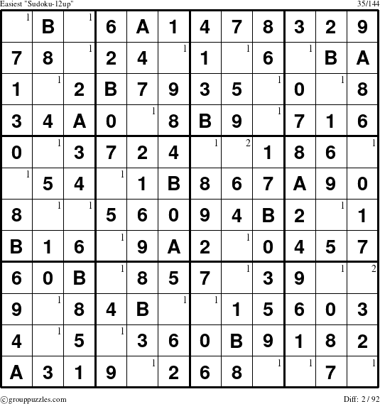 The grouppuzzles.com Easiest Sudoku-12up puzzle for  with the first 2 steps marked
