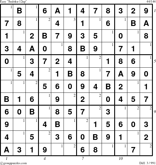 The grouppuzzles.com Easy Sudoku-12up puzzle for , suitable for printing, with all 3 steps marked