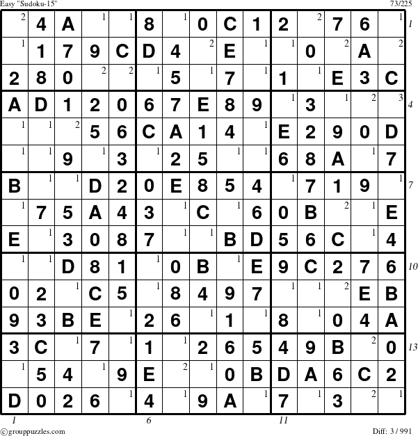 The grouppuzzles.com Easy Sudoku-15 puzzle for , suitable for printing, with all 3 steps marked