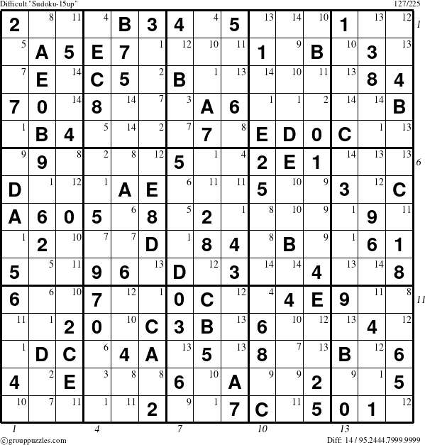 The grouppuzzles.com Difficult Sudoku-15up puzzle for , suitable for printing, with all 14 steps marked