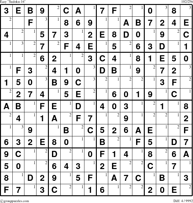 The grouppuzzles.com Easy Sudoku-16 puzzle for  with the first 3 steps marked