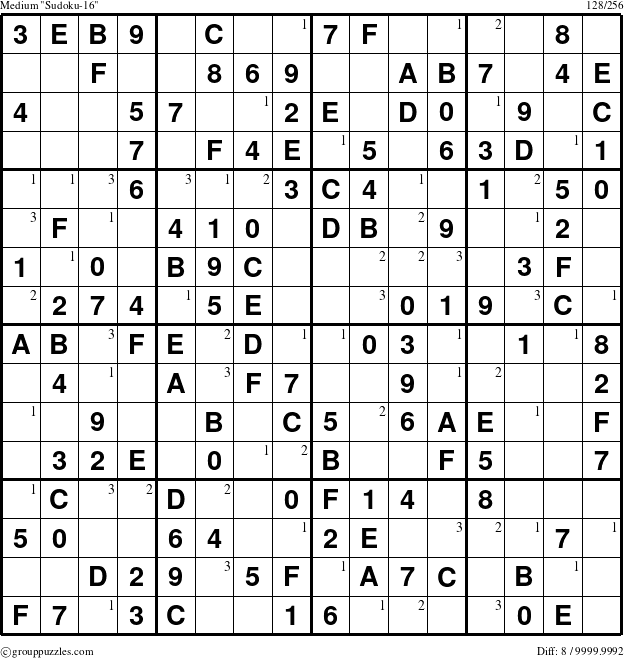 The grouppuzzles.com Medium Sudoku-16 puzzle for  with the first 3 steps marked