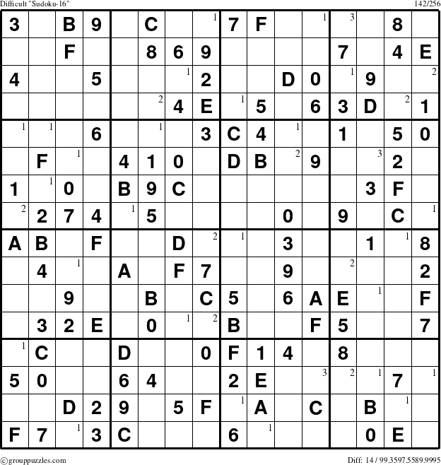 The grouppuzzles.com Difficult Sudoku-16 puzzle for  with the first 3 steps marked