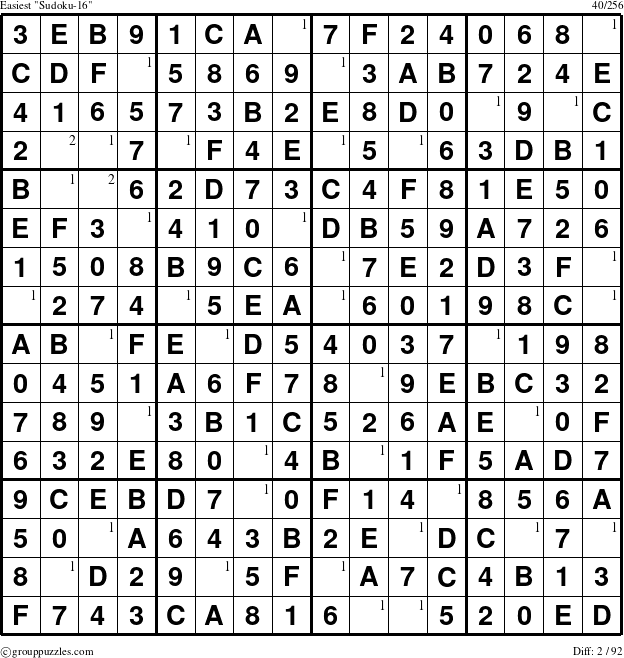 The grouppuzzles.com Easiest Sudoku-16 puzzle for  with the first 2 steps marked