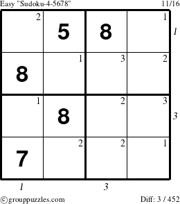 The grouppuzzles.com Easy Sudoku-4-5678 puzzle for , suitable for printing, with all 3 steps marked