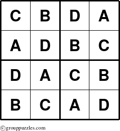 The grouppuzzles.com Answer grid for the Sudoku-4-ABCD puzzle for 