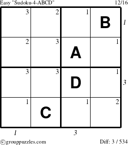 The grouppuzzles.com Easy Sudoku-4-ABCD puzzle for , suitable for printing, with all 3 steps marked