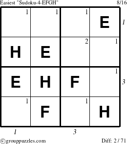 The grouppuzzles.com Easiest Sudoku-4-EFGH puzzle for , suitable for printing, with all 2 steps marked