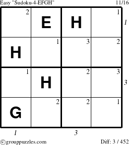 The grouppuzzles.com Easy Sudoku-4-EFGH puzzle for , suitable for printing, with all 3 steps marked