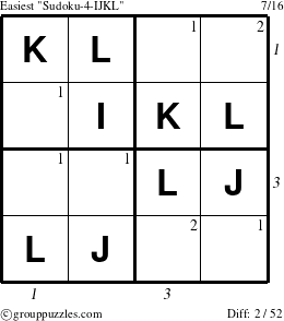 The grouppuzzles.com Easiest Sudoku-4-IJKL puzzle for , suitable for printing, with all 2 steps marked