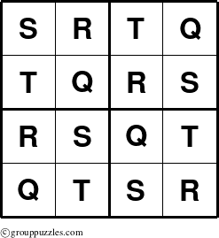 The grouppuzzles.com Answer grid for the Sudoku-4-QRST puzzle for 