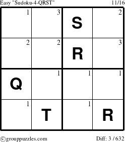 The grouppuzzles.com Easy Sudoku-4-QRST puzzle for  with the first 3 steps marked