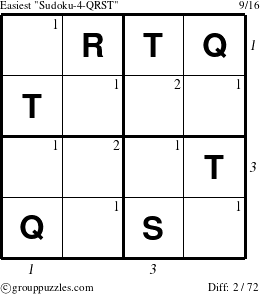 The grouppuzzles.com Easiest Sudoku-4-QRST puzzle for , suitable for printing, with all 2 steps marked