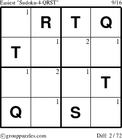 The grouppuzzles.com Easiest Sudoku-4-QRST puzzle for  with the first 2 steps marked