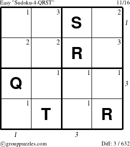 The grouppuzzles.com Easy Sudoku-4-QRST puzzle for , suitable for printing, with all 3 steps marked