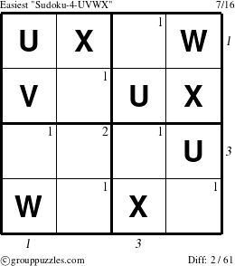 The grouppuzzles.com Easiest Sudoku-4-UVWX puzzle for , suitable for printing, with all 2 steps marked