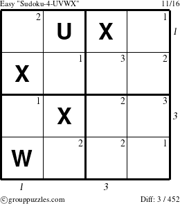 The grouppuzzles.com Easy Sudoku-4-UVWX puzzle for  with all 3 steps marked