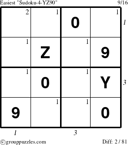 The grouppuzzles.com Easiest Sudoku-4-YZ90 puzzle for , suitable for printing, with all 2 steps marked