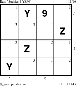 The grouppuzzles.com Easy Sudoku-4-YZ90 puzzle for , suitable for printing, with all 3 steps marked