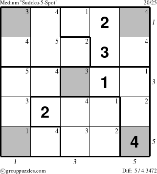 The grouppuzzles.com Medium Sudoku-5-Spot puzzle for , suitable for printing, with all 5 steps marked