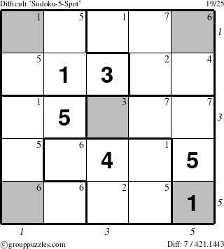 The grouppuzzles.com Difficult Sudoku-5-Spot puzzle for , suitable for printing, with all 7 steps marked