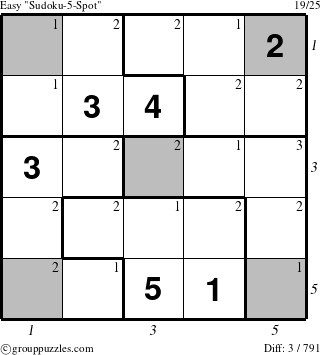 The grouppuzzles.com Easy Sudoku-5-Spot puzzle for , suitable for printing, with all 3 steps marked