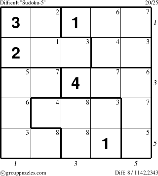 The grouppuzzles.com Difficult Sudoku-5 puzzle for , suitable for printing, with all 8 steps marked