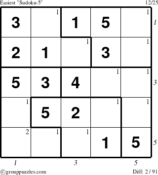 The grouppuzzles.com Easiest Sudoku-5 puzzle for , suitable for printing, with all 2 steps marked