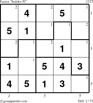 The grouppuzzles.com Easiest Sudoku-5C puzzle for , suitable for printing, with all 2 steps marked