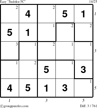 The grouppuzzles.com Easy Sudoku-5C puzzle for , suitable for printing, with all 3 steps marked