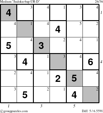 The grouppuzzles.com Medium Sudoku-6up-UR-D puzzle for , suitable for printing, with all 5 steps marked