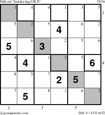 The grouppuzzles.com Difficult Sudoku-6up-UR-D puzzle for , suitable for printing, with all 8 steps marked