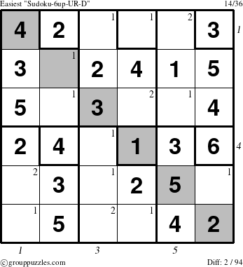 The grouppuzzles.com Easiest Sudoku-6up-UR-D puzzle for , suitable for printing, with all 2 steps marked