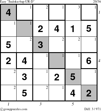 The grouppuzzles.com Easy Sudoku-6up-UR-D puzzle for , suitable for printing, with all 3 steps marked