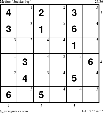 The grouppuzzles.com Medium Sudoku-6up puzzle for , suitable for printing, with all 5 steps marked