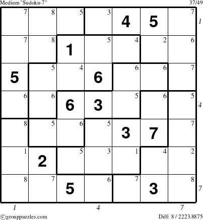The grouppuzzles.com Medium Sudoku-7 puzzle for , suitable for printing, with all 8 steps marked