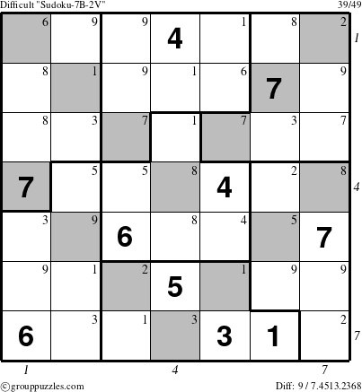 The grouppuzzles.com Difficult Sudoku-7B-2V puzzle for , suitable for printing, with all 9 steps marked
