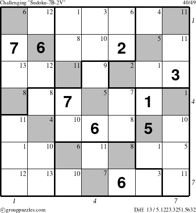 The grouppuzzles.com Challenging Sudoku-7B-2V puzzle for , suitable for printing, with all 13 steps marked